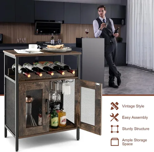 Vista 8 de LOKO Gabinete para bar de vinos, gabinete de licor industrial con estante de vino desmontable, gabinete de vino con soporte para vidrio, gabinete