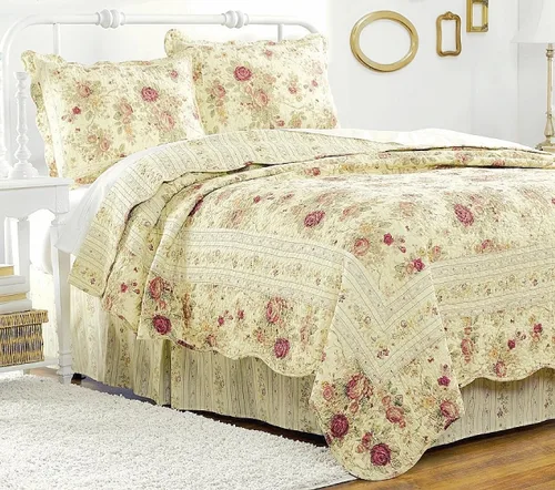 Vista 5 de Finely Stitched Chic Shabby Romantic Rose - Juego de edredón de algodón, tamaño King, incluye correas para sábanas