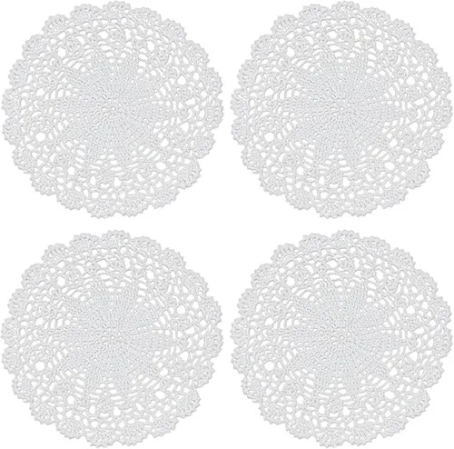Vista 9 de PHANTOMON Manteles individuales redondos de punto de encaje de algodón hechos a mano, diseño de estrellas, borde ondulado, paquete de 4