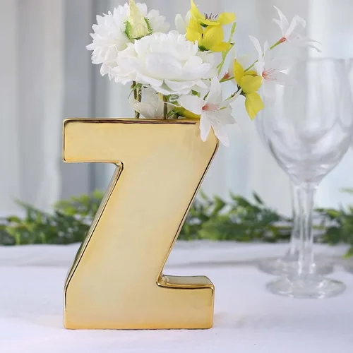 Vista 26 de Efavormart.com Maceta de cerámica chapada en oro brillante de 6" con escultura de letra B, florero para plantas de brotes, pieza central de mesa