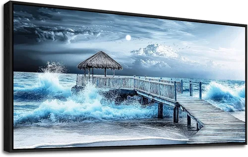 Vista 10 de ERQINHUA Gran decoración de pared para sala de estar, arte de pared en lienzo para restaurante, decoraciones para oficina, pinturas de mar azul