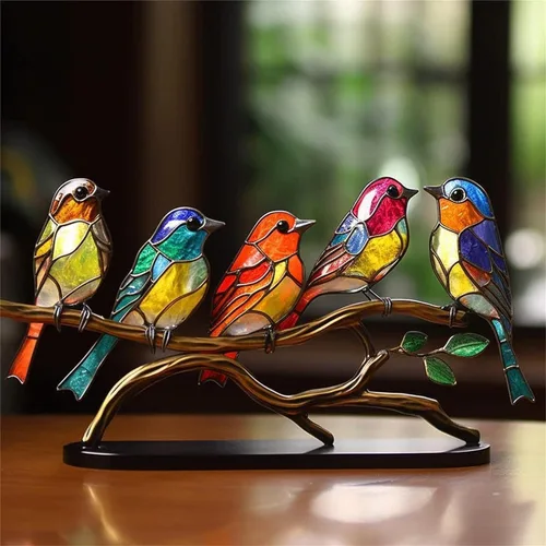 Vista 6 de Adornos de escritorio de pájaros en rama, acrílico manchado de doble cara, estatua multicolor de colibrí, escultura de pájaro de arte de metal