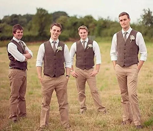 Vista 2 de Chaleco de esmoquin para hombre, mezcla de lana de tweed, espiga de espiga de espiga