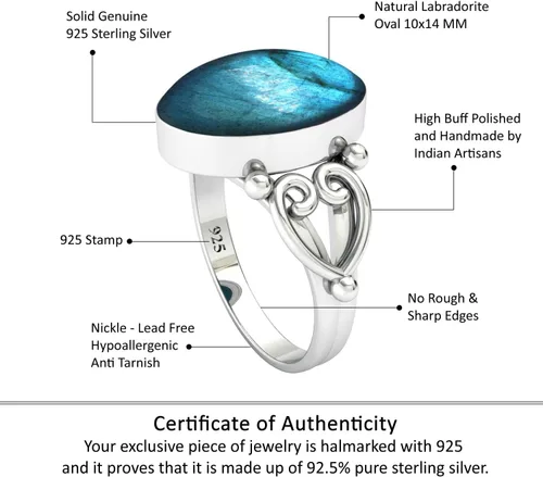 Vista 4 de Boho - Anillo de plata de ley 925 con piedras preciosas naturales de cuarzo rosa, perla, ámbar, lapislázuli ovalado