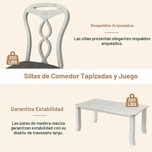 Vista 4 de VECELO Juego de mesa de comedor de madera maciza de 7 piezas con 6 sillas tapizadas, diseño moderno de fácil montaje para cocina y espacios