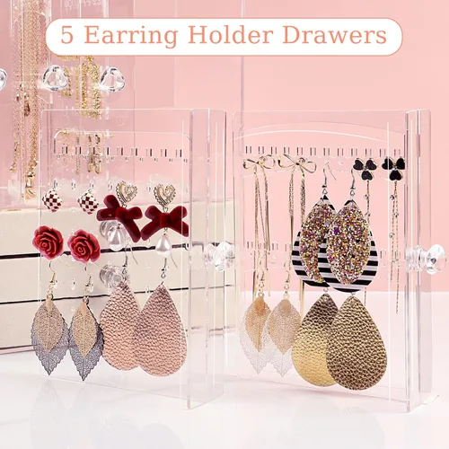 Vista 4 de Jenseits Acrylic Jewelry Holder, Clear Earring Organizer with 3 Drawers, Velvet Hanging Jewelry Stand Storage for Necklace Earrings Ring Bracelet