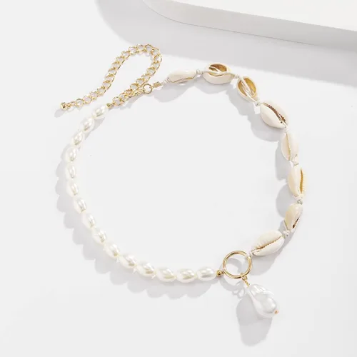 Vista 5 de Collar con colgante de perlas barrocas de oro, gargantilla de perlas ovaladas con cuentas de concha de mar, cadena en capas, collar de perlas