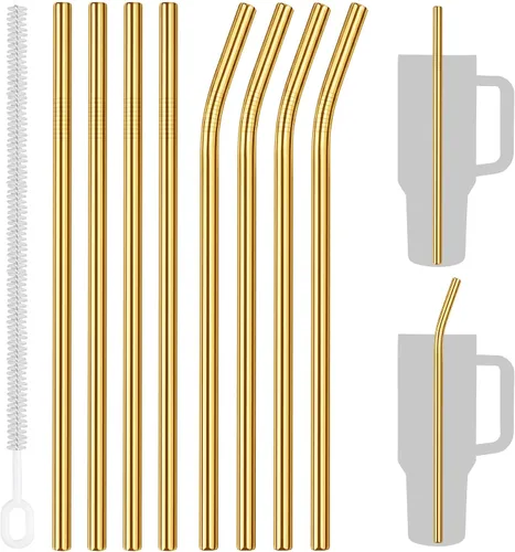 Vista 10 de Tomorotec Juego de 14 popotes de acero inoxidable de 11 pulgadas y 2 cepillos de limpieza con diseños curvos y rectos, compatible con vasos Stanley