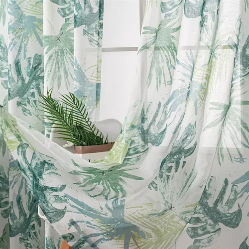 Vista 11 de VISIONTEX Cortinas transparentes con estampado de gasa, estilo abstracto europeo, estampado de hojas azules y amarillas, 2 paneles para decoración