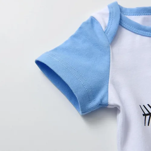 Vista 3 de Conjunto de ropa para bebé recién nacido, con estampado de letras, pantalones, gorro, conjunto de 3 piezas Azul