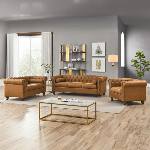 Vista 12 de Juego de 2 piezas Air Leather Chesterfield para sala de estar, sofá y silla Marrón