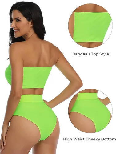 Vista 3 de Summer Mae Women Bandeau Bikini Removable Straps Padded High Waist Cheeky Bathing Suit