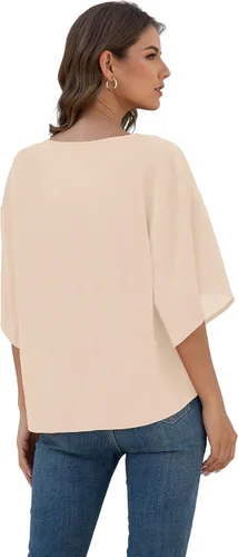 Vista 5 de VIISHOW Womens Tie Front Chiffon Blouses V Neck Batwing Short Sleeve Summer Tops Shirts Albaricoque