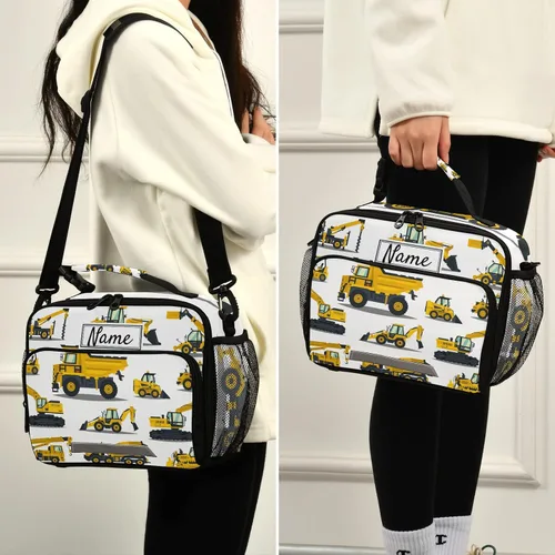Vista 5 de Bolsa de almuerzo personalizada con diseño de camiones de dibujos animados para niños y niños, bolsas de almuerzo personalizadas con tu nombre