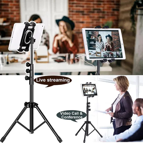 Vista 7 de Trípode para tableta para iPad Pro soporte de piso trípode para Surface Pro Samsung Tab S9+ soporte con control remoto giratorio de 360° ajustable
