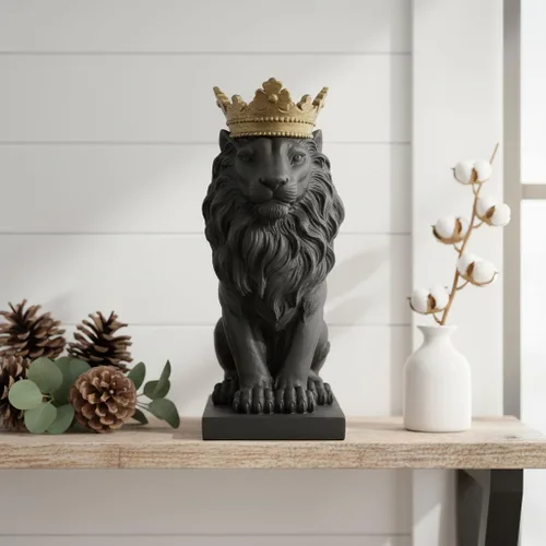 Vista 2 de Comfy Hour 14.6 pulgadas de altura, estatua del noble rey león del bosque con corona dorada, figura decorativa de animal para oficina en casa
