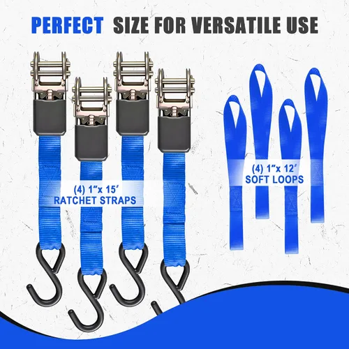 Vista 7 de AWELCRAFT Paquete de 4 correas de trinquete, correas de trinquete de 1 pulgada x 15 pies, resistencia a la rotura de 1500 libras con gancho en S, 4