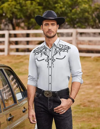 Vista 3 de Coofandy Camisa de hombre de manga larga ajustada con bordado casual de botón