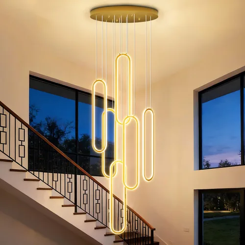 Vista 20 de Flashing God Candelabro moderno, candelabros cromados con 6 anillos LED, lámpara de techo alto más grande para sala de estar, lámpara rectangular