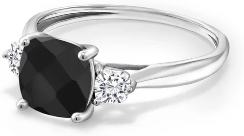 Vista 3 de Gem Stone King Anillo de compromiso de 3 piedras para mujer con cojín de oro blanco de 10 quilates, ónix negro y moissanita creada en blanco