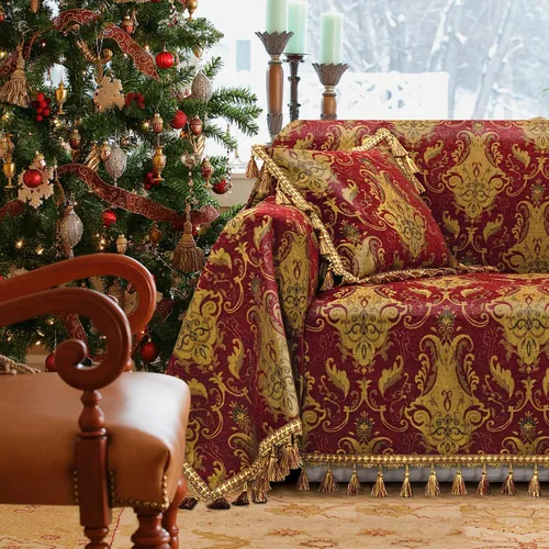 Vista 13 de Loom and Mill Fundas de sofá de lujo, funda clásica de damasco jacquard grueso para sofá, protector de muebles con borde de encaje y borlas hechas a