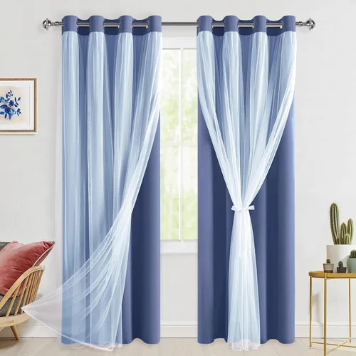 Vista 65 de Hiasan Cortinas opacas con superposición transparente, aislamiento térmico para mezclar y combinar de doble capa, cortinas de oscurecimiento de Beige