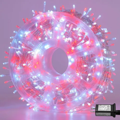 Vista 13 de QITONG Tira de luces rojas y verdes para exteriores, 165 pies, 500 luces LED de alambre transparente de Navidad para interiores, 8 modos de luz