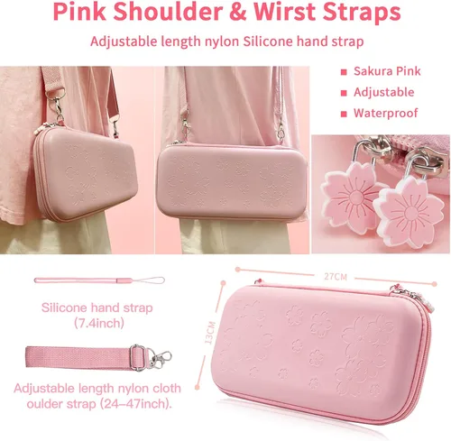 Vista 2 de HLRAO Bolsa rosa compatible con Nintendo Switch carcasa dura Sakura bolsa de almacenamiento portátil sólida a prueba de golpes con protector