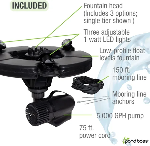 Vista 3 de pond boss Fuente flotante PRO con luces, 1/2 hp, bomba 5000 GPH