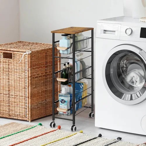 Vista 3 de Shinoske Carrito de almacenamiento delgado y rodante, carrito de cocina con ruedas de 4 niveles, carrito utilitario estrecho con cesta extraíble