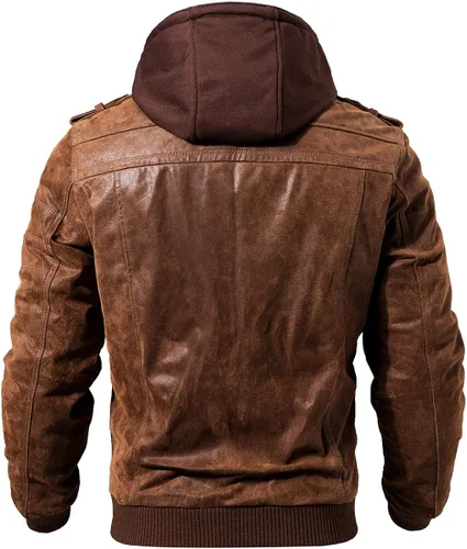 Vista 2 de FLAVOR - Chaqueta de moto para hombre cuero marrón con capucha extraíble