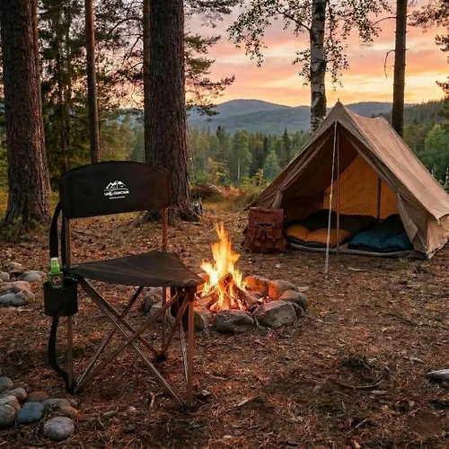 Vista 2 de Paquete de 2 taburetes plegables para acampar con respaldo y soporte para tazas, sillas ligeras y portátiles para exteriores, para adultos, asiento