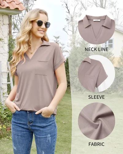 Vista 4 de Vivilli Blusas y blusas de manga corta para mujer, estilo casual, con cuello