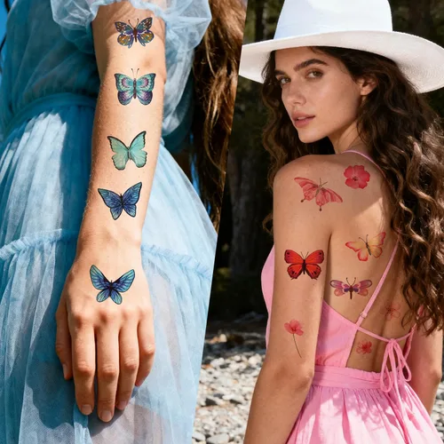 Vista 4 de 100 tatuajes temporales de mariposa, coloridas flores de mariposa pequeñas, calcomanías de tatuaje, impermeables, lindos tatuajes pequeños