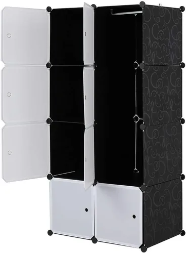 Vista 4 de Organizador de 8 cubos, apilable, estantes de almacenamiento de cubo de plástico, diseño modular multifuncional con barra para colgar, puertas