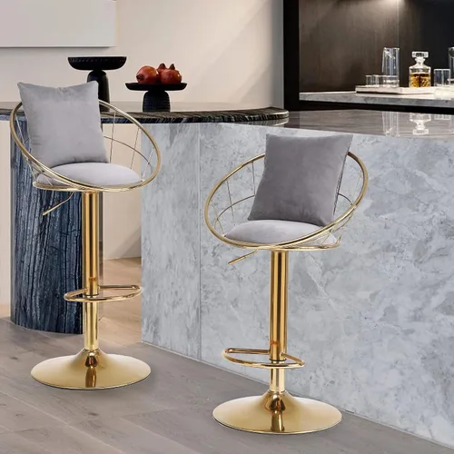 Vista 9 de Taburetes de bar giratorios de terciopelo con respaldo bajo y reposapiés, taburetes de bar ajustables con almohada, taburete de bar dorado de lujo