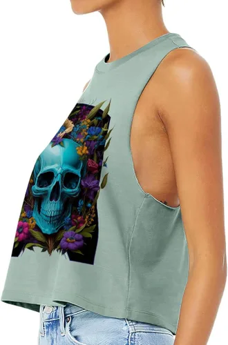 Vista 2 de Flower Print Racerback Cropped Tank - Skull Women's Tank - Cool Tank Top