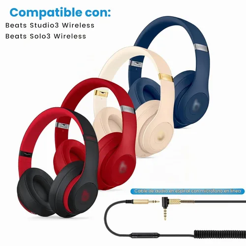 Vista 2 de Studio3 - Cable de audio en espiral para auriculares Beats Studio Pro, Solo4, Solo3, 8 pies Micrófono en línea de 0.138 in y cable de auriculares