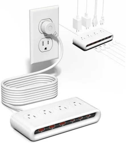 Vista 8 de Regleta de alimentación de enchufe plano 10 en 1 con USB C, estación de carga rápida PD20W con 4 salidas y 6 puertos USB