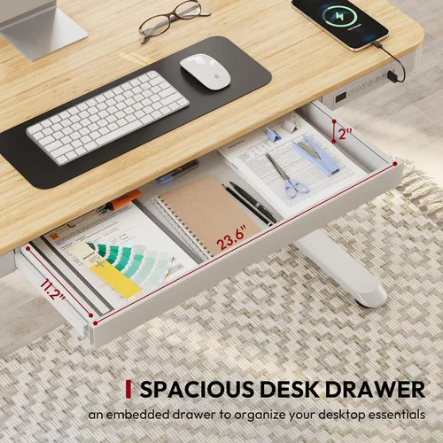 Vista 4 de SANODESK Escritorio eléctrico de una pieza ajustable en altura con cajón Textura de bambú de 48