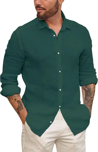 Vista 9 de Mens Button Down Linen Cotton Long Sleeve Shirts Casual Summer Tops 1 Negro