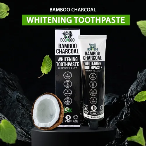 Vista 2 de BOONBOO Pasta de dientes de carbón de bambú 4 oz / 4.1 fl oz Sabor a menta Tubo de aluminio con tapa bioplástica 100% libre de plástico