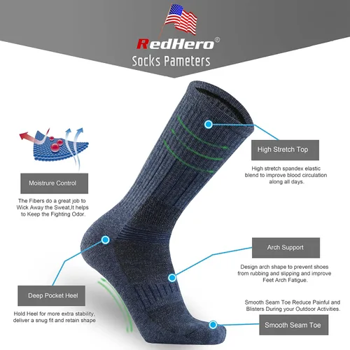 Vista 4 de Calcetines acolchados de lana merina para hombre, para senderismo, senderismo, senderismo, suaves, acogedores, ajuste térmico, control de humedad