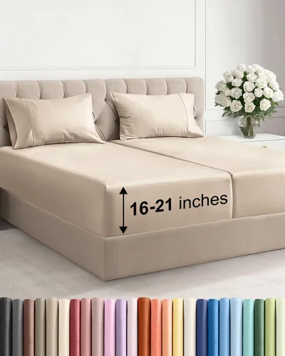 Vista 141 de Juego de sábanas tamaño Queen con bolsillos extra profundos, sábanas transpirables y refrescantes de 4 piezas, ropa de cama de lujo para hotel
