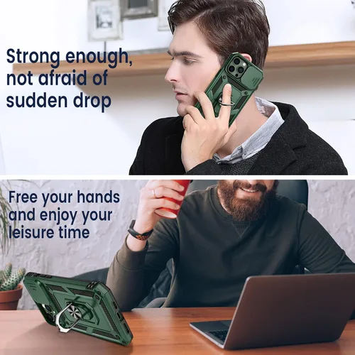 Vista 6 de Goton Armor - Funda para iPhone 13 Pro Max con soporte para cámara deslizante y soporte de grado militar resistente con soporte magnético
