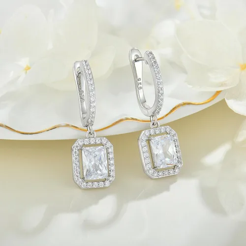 Vista 3 de Wisbal Women's Solitaire Dangle Drop Earrings 925 Sterling Silver Pure Square Huggie Earrings Hoop Dangle Drop Earrings Jewelry Gift