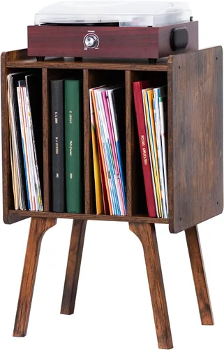 Vista 12 de LELELINKY - Soporte para tocadiscos de 11.7 pulgadas de ancho, mesa de almacenamiento para discos de vinilo color negro con 4 gabinetes, almacena