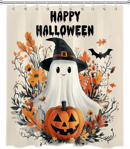 Vista 2 de HVEST Cortina de ducha con ganchos, calabaza espeluznante y fantasma con sombrero de bruja negro, juego de cortina de ducha naranja con flores