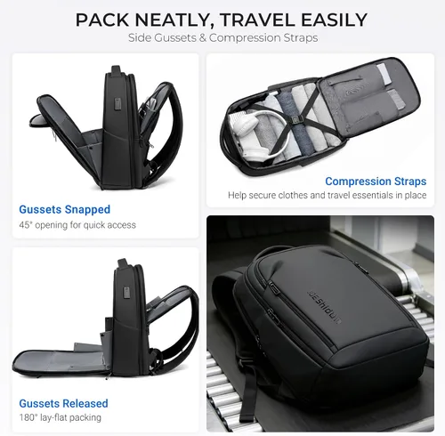 Vista 5 de Mochila de viaje para laptop expandida, Negro, Grande, Mochila expandida Travel-Friendly, Interior Compression Straps, Water-Resistant 1800D