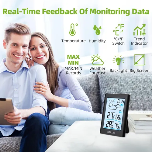Vista 2 de BALDR Termómetro para Interior y Exterior Inalámbrico, Estación Meteorológica Alimentada por Batería para Interior y Exterior con Reloj, Monitor